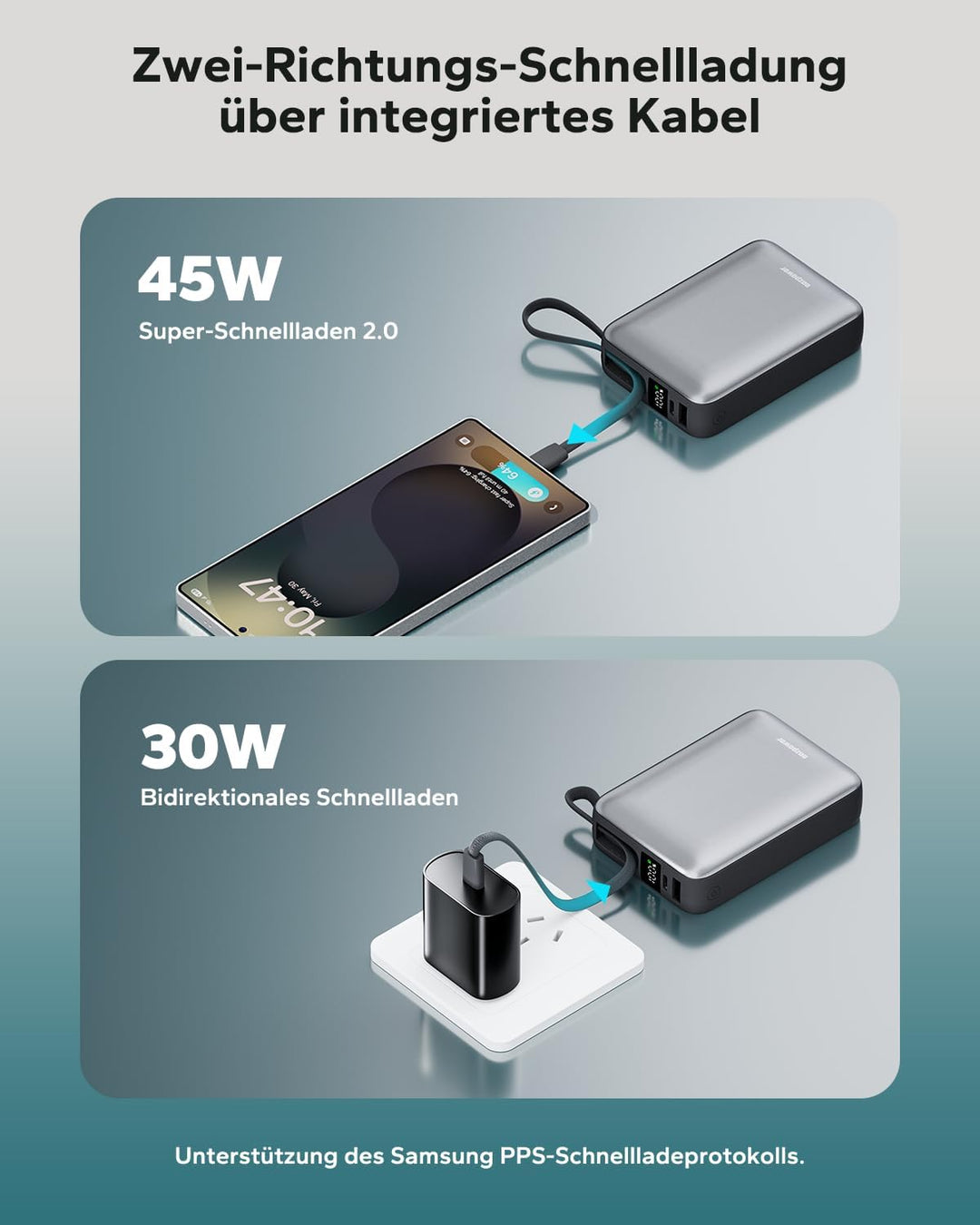 Eazpower Powerbank 20,000mAh 45W Schnellladefunktion mit Integriertem USB-C Kabel, Externe Handyakku