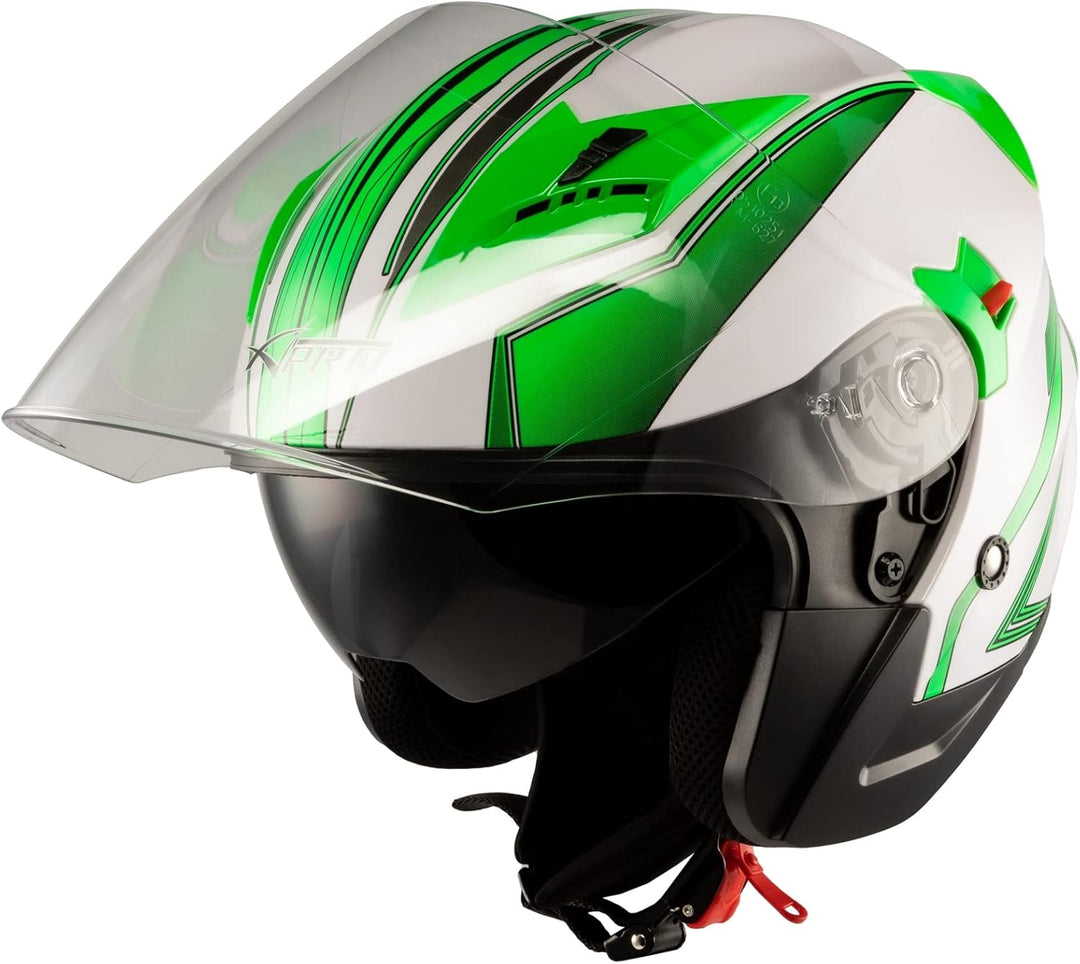 Motorradhelm Doppeltvisier City Jet Zertifikat ECE 22-06 Scooter 53-54 cm ( XS) Weiss Grün, 53-54 cm