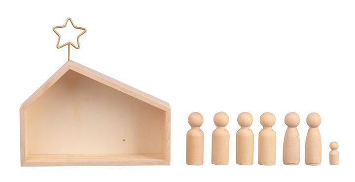 Rayher Holz Krippe mit Figuren, Holz FSC zertifiziert, 22 x 5,6 x 21,5 cm, 9teilig, moderne kleine K