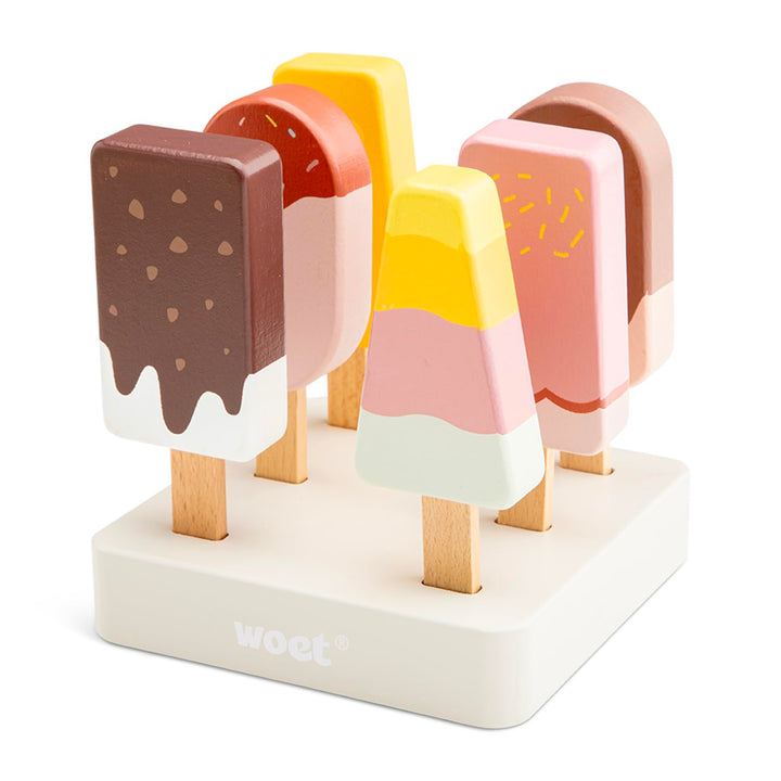 Woet® Holzspielzeug Eisstand für Kleinkinder – Spiellebensmittel Set mit Holzständer und 6 EIS am St
