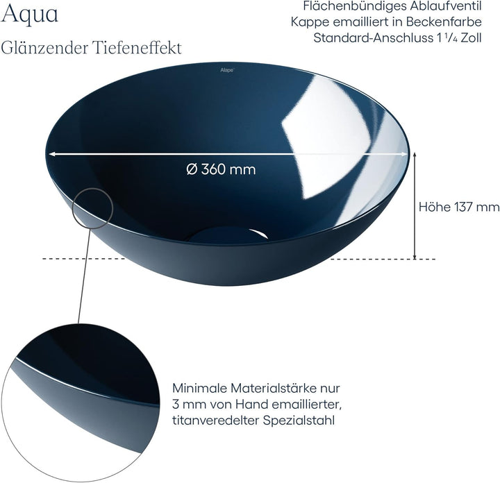 Alape˘ Waschschale, Waschbecken, Deep Blue, aus emailliertem Stahl, hygienische Oberfläche, rund Ø 3