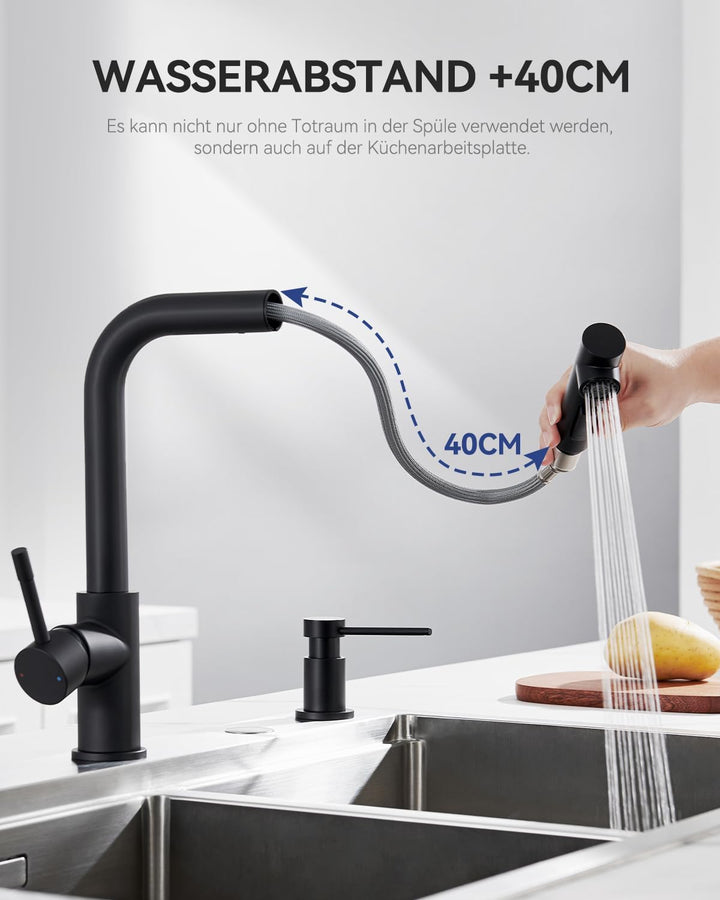 Wasserhahn Küche Schwarz, Hochdruck Küchenarmatur Ausziehbar | Mit Brause Zwei Wasserstrahlarten, 36
