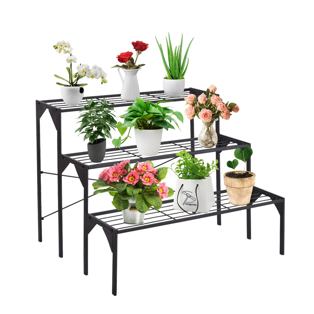 GOPLUS 3 Ebenen Metall Pflanzenständer, Blumentreppe Outdoor, Blumenregal Pflanzentreppe für Garten