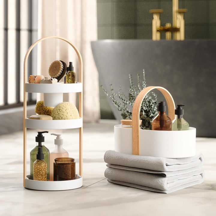Umbra Bellwood Caddy, Organizer für Make-up und Kosmetik, robuster drehbarer Behälter mit Holzgriff,