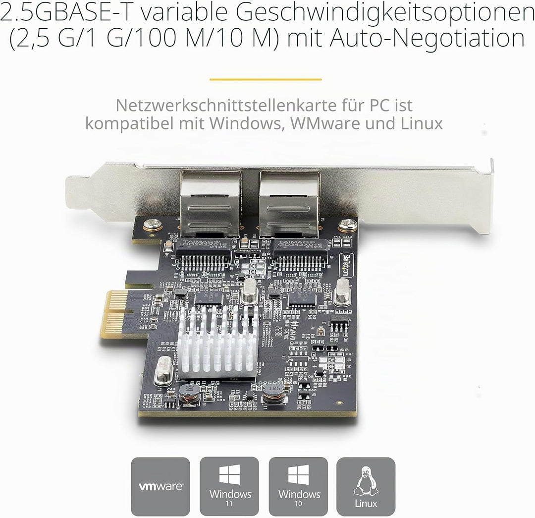 StarTech.com 2-Port 2.5 Gbit PCIe Netzwerkkarte, Intel I225-V, Dual-Port Computer LAN Karte, Multi-G