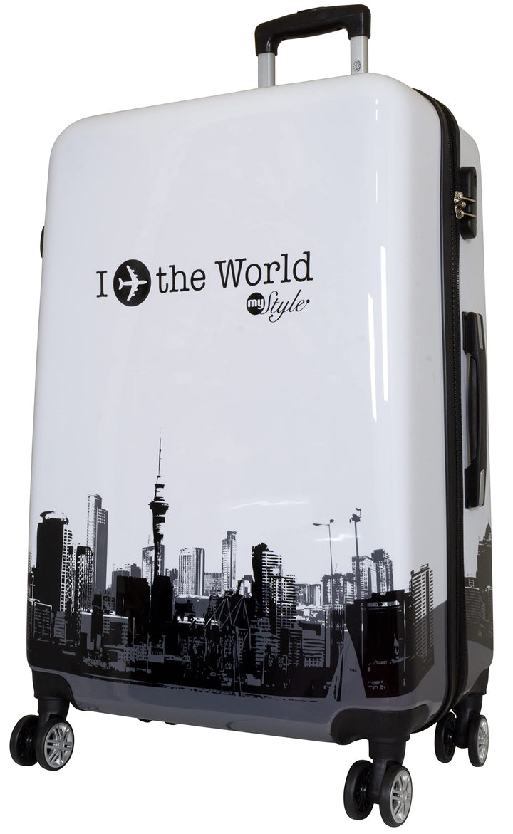 Trendyshop365 Hartschalen Reise-Koffer mit Motiv Bedruckt - Fly The World Weiss - 77 Zentimeter 94 L