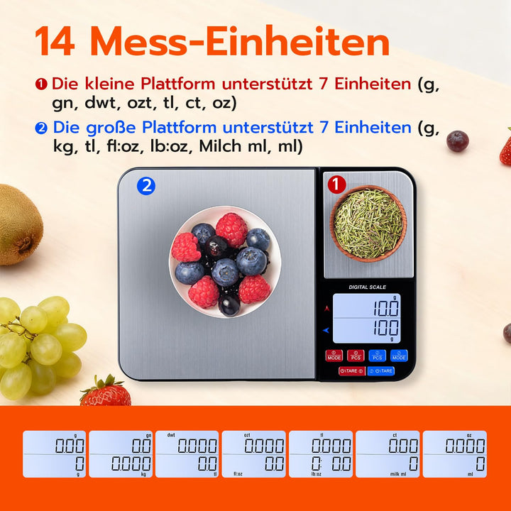 Wigearss Küchenwaage Digital mit Dual Plattform 10kg/1g und 500g/0.01g, Doppelfunktion Küchen Feinwa