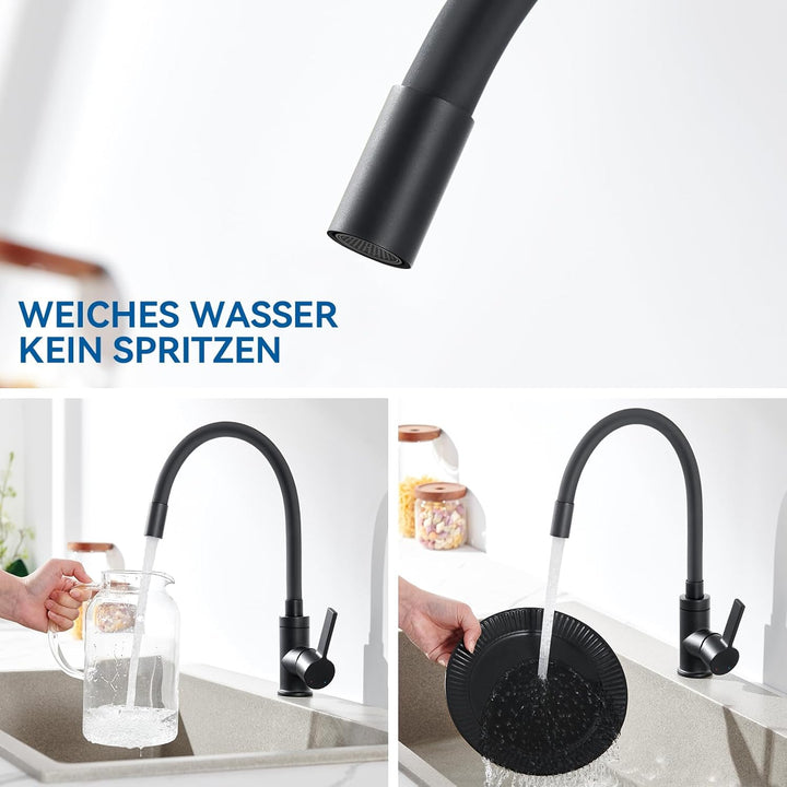 Flexibler Wasserhahn Küche Schwarz, Auralum Spültischarmatur 360° Schwenkbar, Küchenarmatur Schwarz