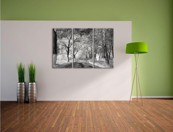 Pixxprint Baumallee im Winter Kohle Zeichnung Effekt 3-Teiler Leinwandbild 120x80 Bild auf Leinwand