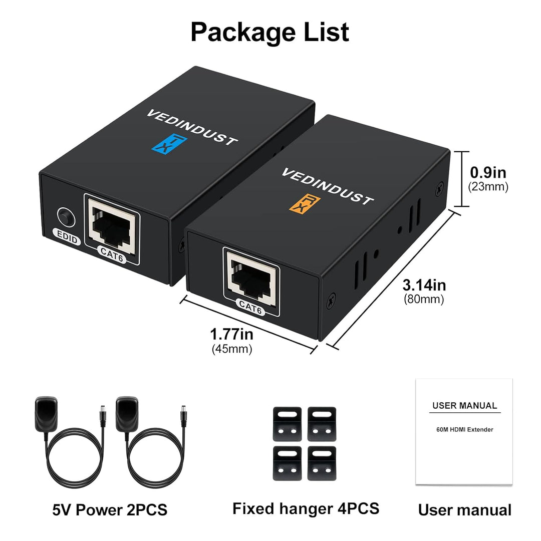 VEDINDUST HDMI Extender 1080p 60m (196ft) HDMI over Ethernet auf RJ45 Übertragung auf Cat5e Cat6 Cat
