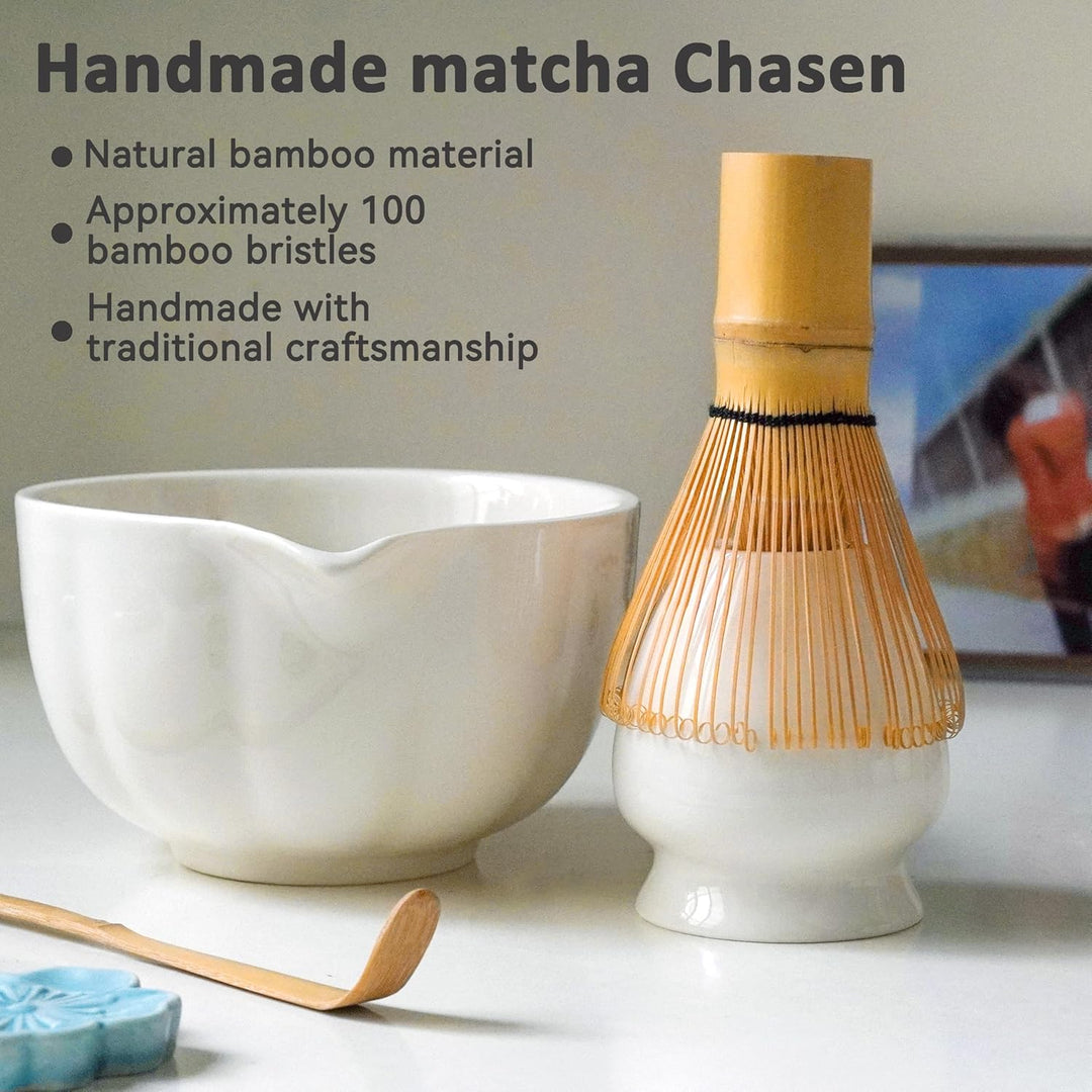 Premium Matcha Set 7-teilig – Exklusives Teezeremonie-Set mit Bambus-Chasen (Besen),Weiss Keramik-Sc