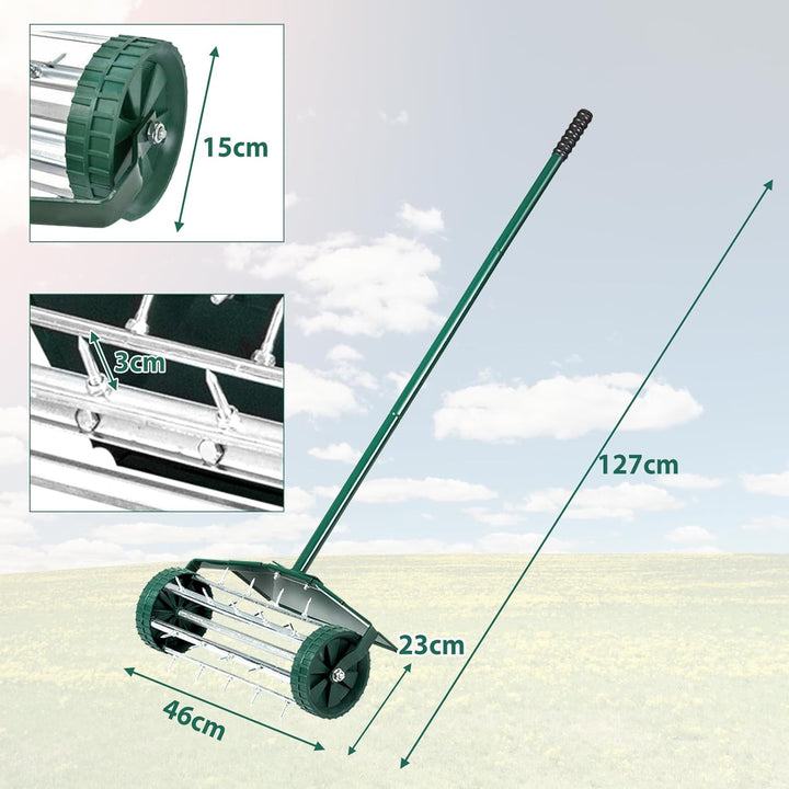 SOARS Rasenlüfter Walze, Rasenbelüfter mit 3cm Nägeln & Spritzschutz & Stiel, Handvertikutierer, Gar