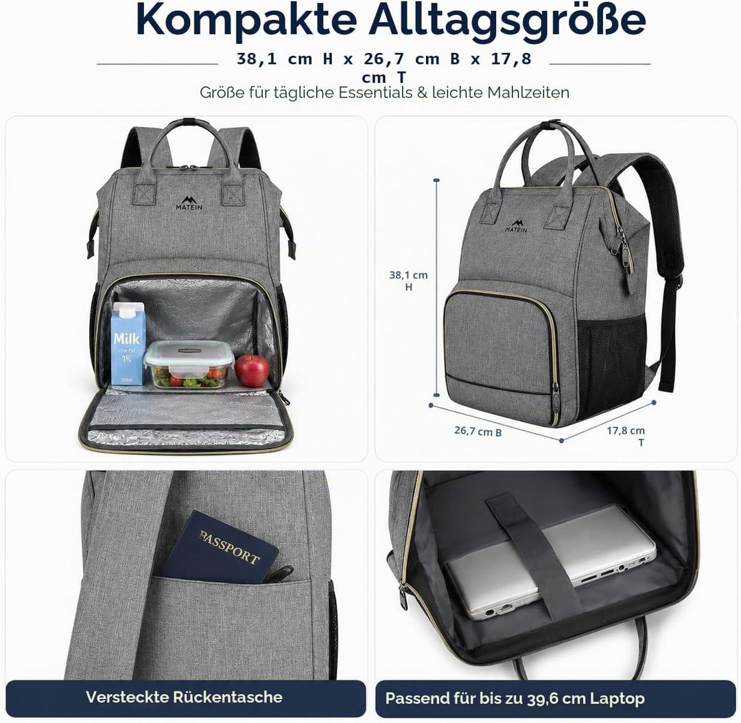 MATEIN Damen Laptop Rucksack 15,6 Zoll mit Isoliertes Kühlfach, Kühlrucksack mit USB Ladeanschluss,