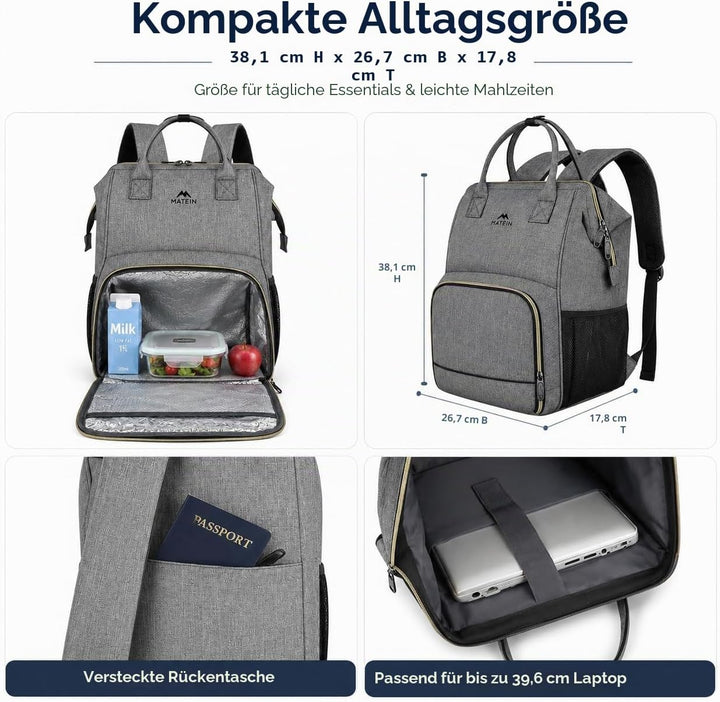 MATEIN Damen Laptop Rucksack 15,6 Zoll mit Isoliertes Kühlfach, Kühlrucksack mit USB Ladeanschluss,