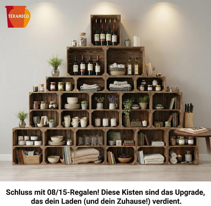Teramico Massive Holzkisten Schuhregal Bücherregal LEICHT GEFLAMMT mit Zwischenbrett (verschraubt) A