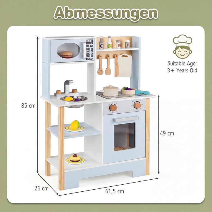DREAMADE Kinderküche Holz, Spielküche mit 13 Zubehör | kinder küche mit Tafel, Mikrowelle, Ofen, Spü