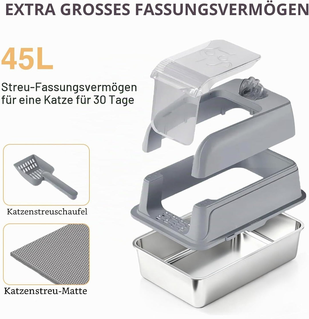 Edelstahl Katzenklo, XXL Katzenklo mit Deckel, Leicht zu Reinigen, Katzentoilette mit Hohem Rand aus