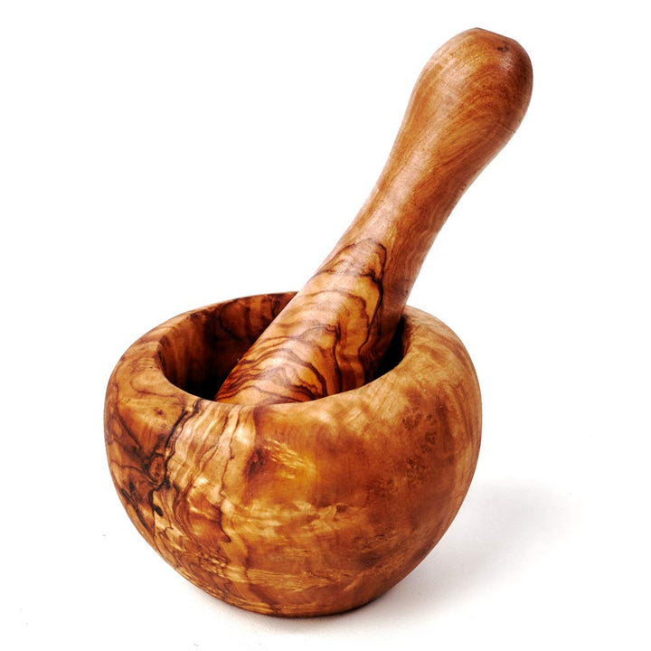 Mörser und Stössel aus Holz, Olivenholz, runder Rand (ca. 10cm Durchmesser), ca. 10cm Durchmesser