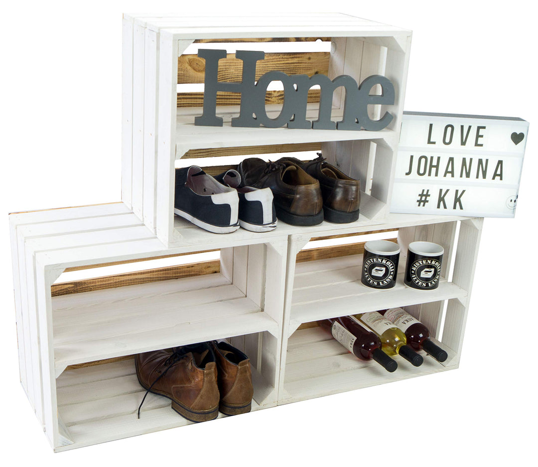 3er Set Holzkisten Paula weiss mit geflammten Boden 50x40x30cm Johanna Aufbewahrungsbox Aufbewahrung
