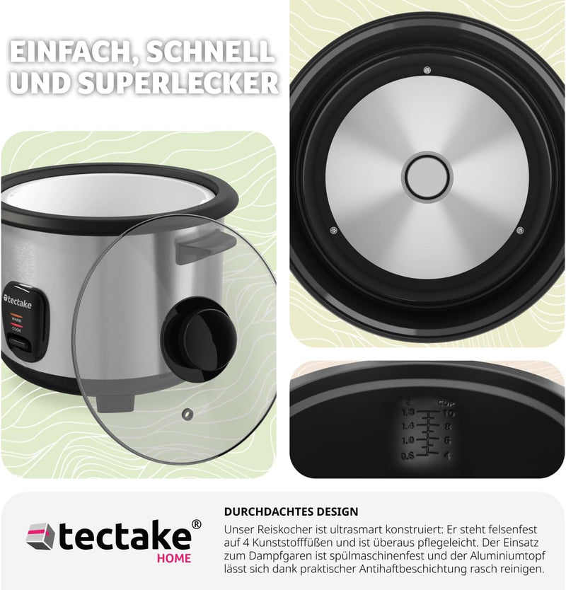 tectake® Reiskocher, Rice Cooker, Steamer Pot, Reis Maker mit Dampfgarer Einsatz, Topf, Kochtopf für