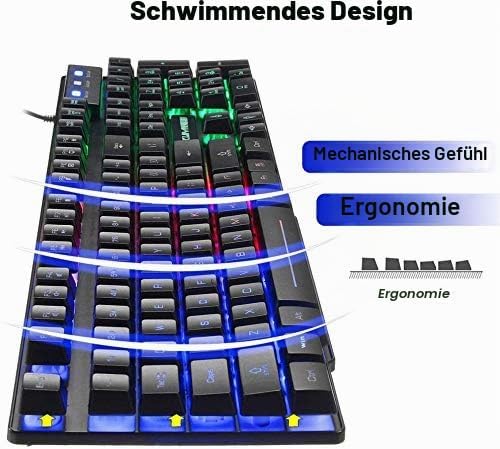 UK Layout Gaming-Tastatur und -Maus Sets Rainbow Backlit Ergonomische USB-Gaming-Tastatur 2400 DPI 6