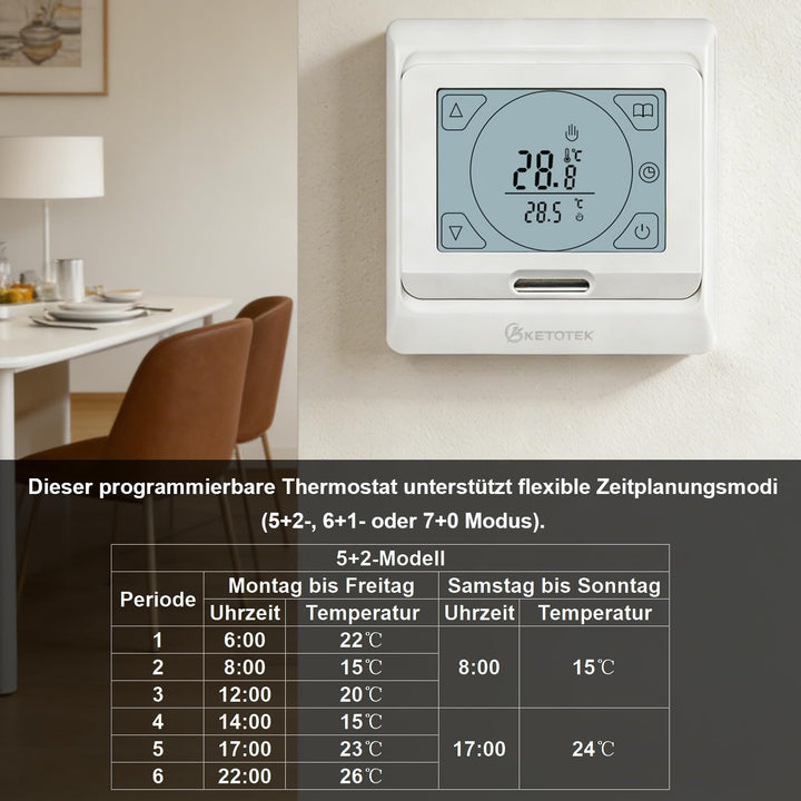 KETOTEK Thermostat Fussbodenheizung Elektrisch Programmierbar mit fühler 16A, Digitale Raumthermosta
