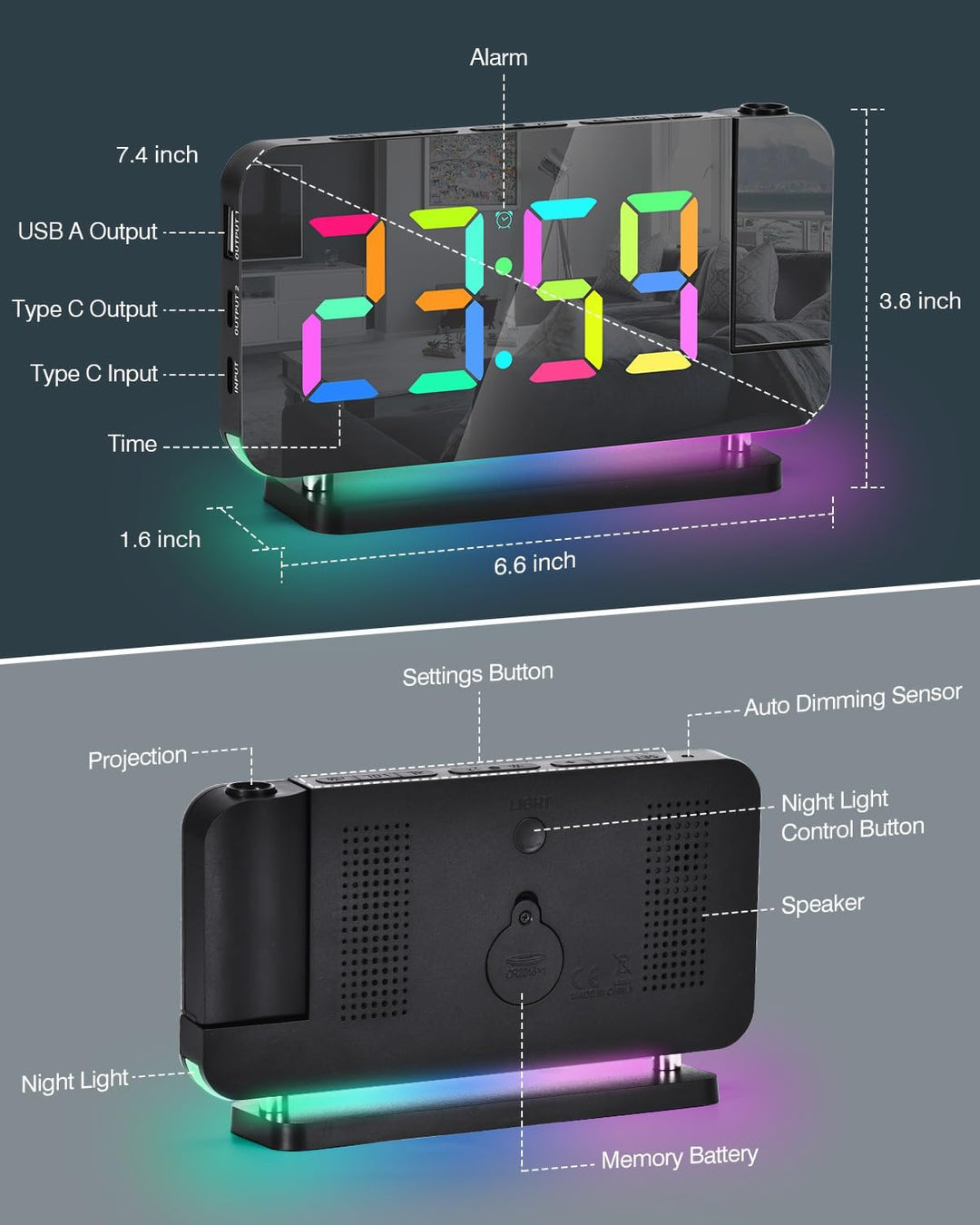 SZELAM Projektionswecker, 7.4 Zoll Digitale Spiegeluhren, mit 180° drehbarem Projektor, RGB-Nachtlic