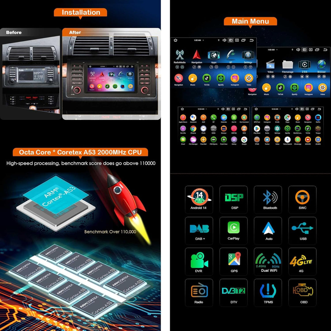 8-Kern [4G+64G] Android 14 Autoradio für BMW X5 E53 GPS-Navi Carplay Android Auto DSP Bluetooth 5.0