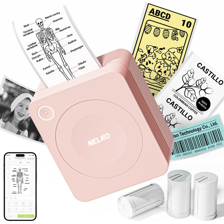 Nelko Aufkleber Drucker, PM230 Mini Drucker Bluetooth Portabel Sticker Maker mit 3 Rollen Papier, fü