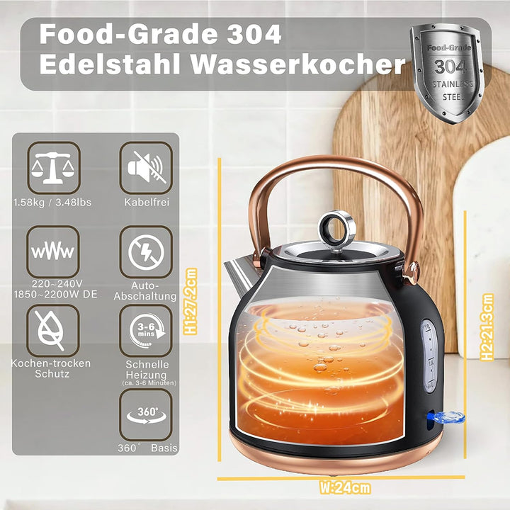 NESSGRAIM Retro Wasserkocher, 1,7 l Edelstahl-Teekessel mit Grosser Temperaturanzeige, 2200W Schnell