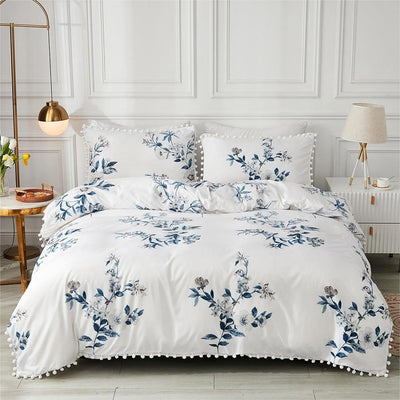 Freyamy Bettwäsche 200x220cm 3teilig Weiss Blau Blumen Pompons Wendebettwäsche Microfaser Weiche Bet