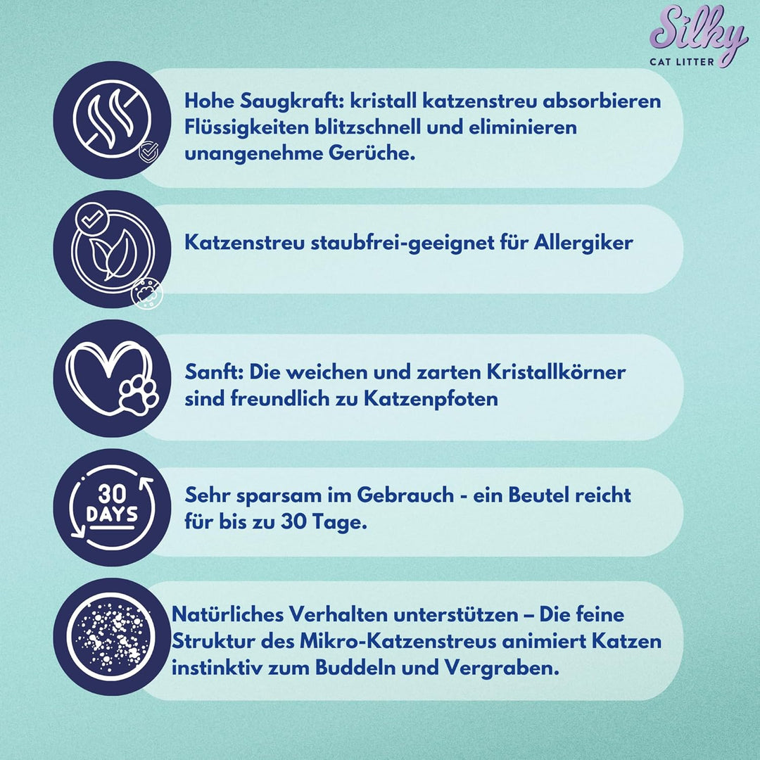 Silky Mikro Silikat-Katzenstreu 3,8L | 30,4L Satz | Staubfrei, Geruchskontrolle, Saugfähig, Bakterie