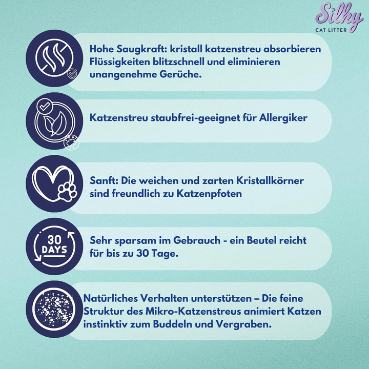 Silky Mikro Silikat-Katzenstreu 3,8L | 30,4L Satz | Staubfrei, Geruchskontrolle, Saugfähig, Bakterie