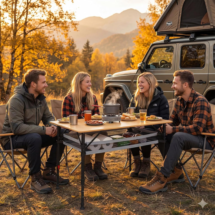 Join Nature Campingtisch Klappbar Bambus Stufenlos Höhenverstellbar 47–65cm Aluminiumgestell mit Tra