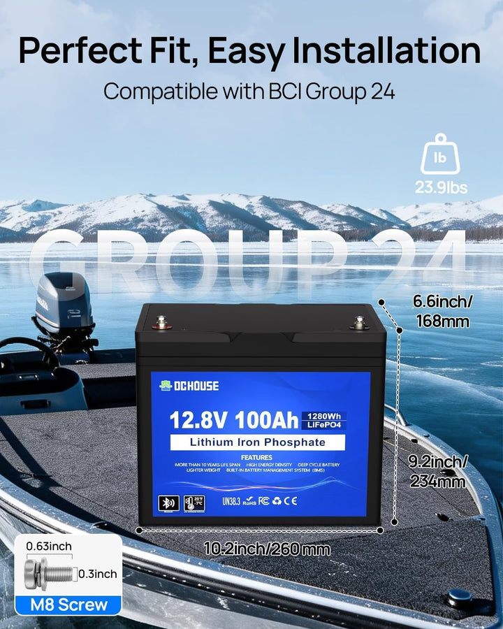 DCHOUSE 12V 100Ah LiFePO4 Batterie, Verbessertes 100A BMS, Bis zu 15000 Zyklen, 1280Wh Lithium Akku,