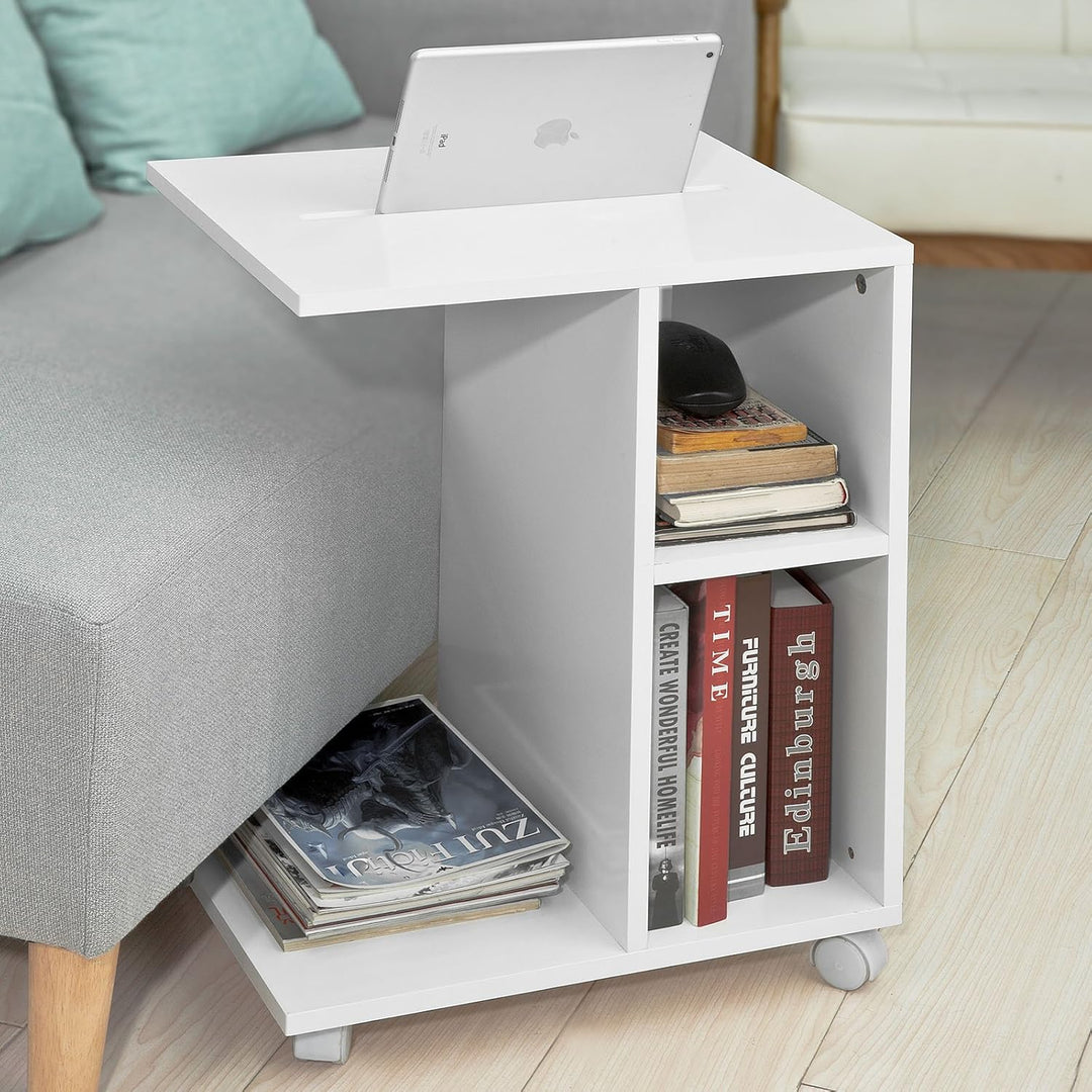 SoBuy® FBT48-W Beistelltisch mit Schlitz für iPad, Zeitungsständer Couchtisch Tisch mit Rollen weiss