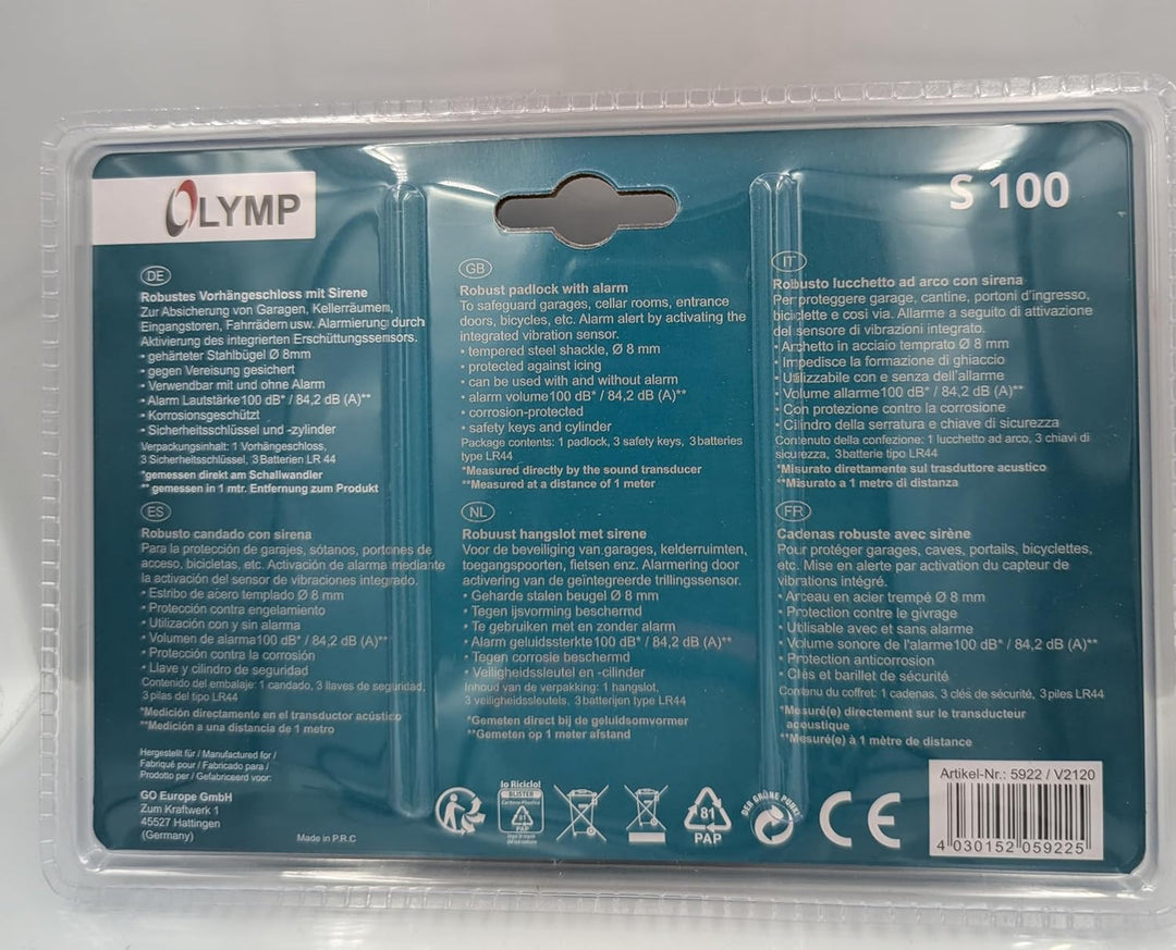 OLYMPIA Vorhängeschloss mit Sirene, S 100, Alarmschloss, 100 dB