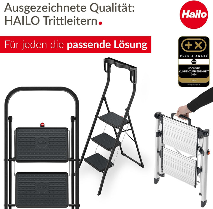 Hailo LivingStep Comfort Plus, Alu-Klapptritt, 2 Stufen, hoher Sicherheitshaltebügel, Füsse mit Soft