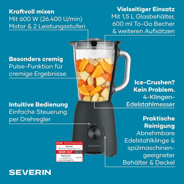 Severin Standmixer, Smoothie Maker, Blender elektrisch, 1,5L, 2 Stufen, Impulsfunktion, spülmaschine