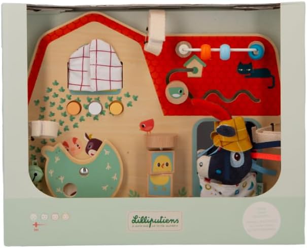 Lilliputiens - Baby-Aktivitätstafel - Thema Bauernhof - Holzspielzeug mit 8 sensorischen Aktivitäten