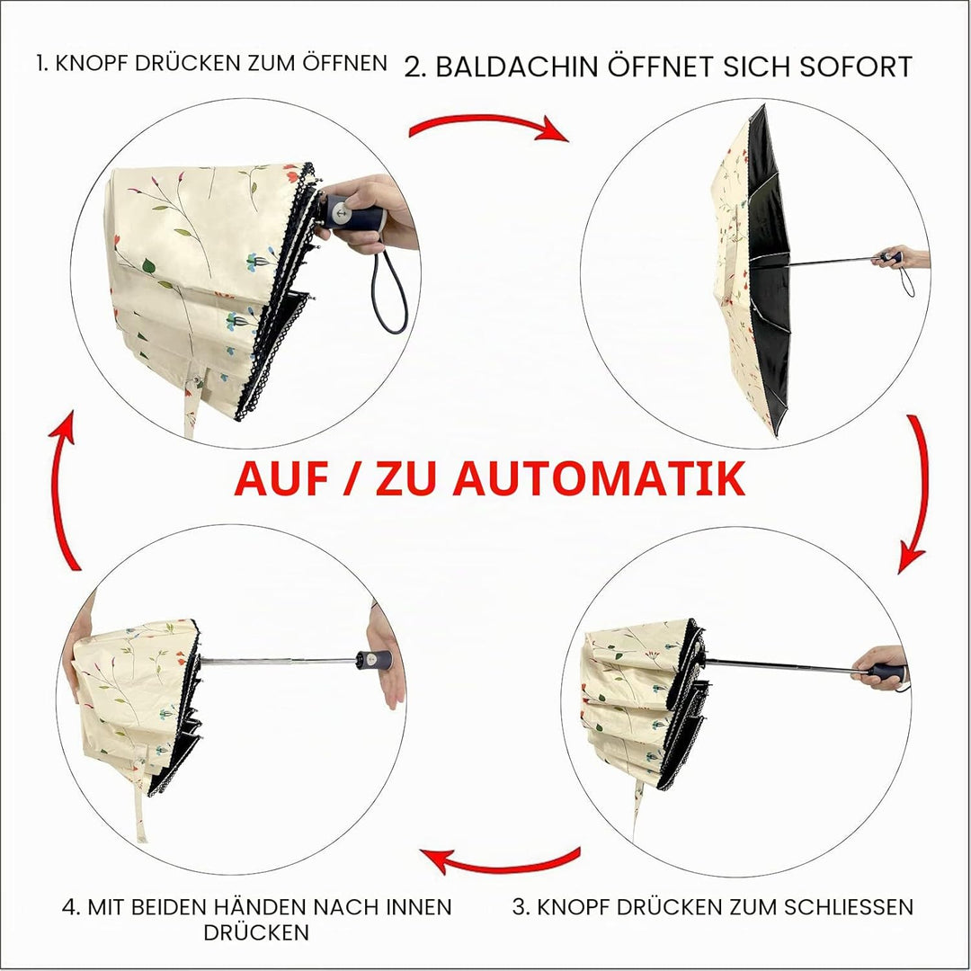 CUBY Regenschirm, Sonnenschirm, Freien Uv-Schutz Damen Automatik Faltschirm Winddicht Regenfest, Min