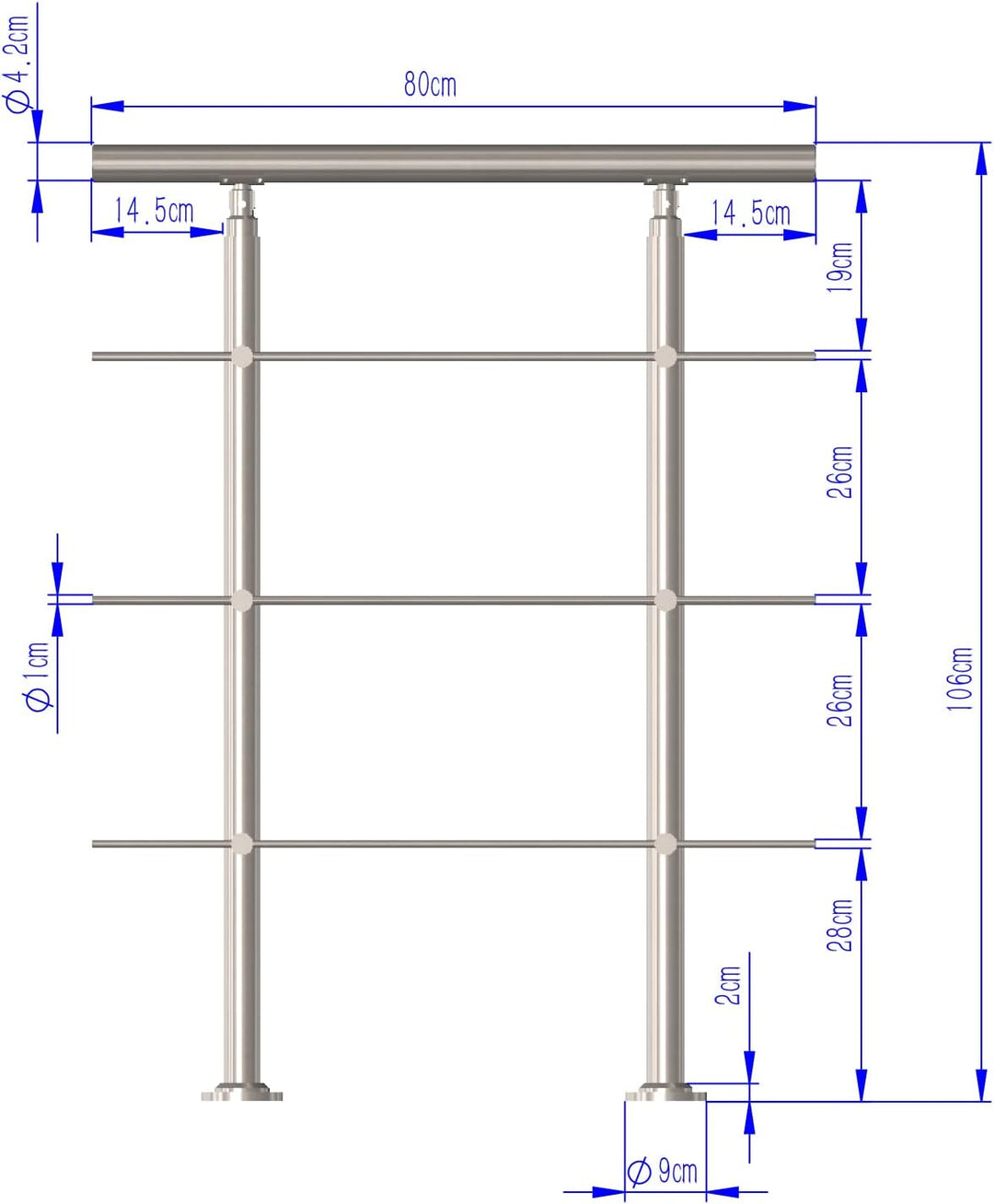 CAVATINY Edelstahl Handlauf Geländer für Treppen Brüstung Balkon mit 3 Querstreben - Innen und Ausse