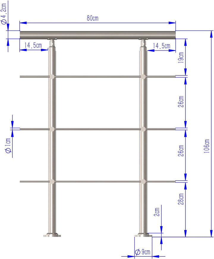 CAVATINY Edelstahl Handlauf Geländer für Treppen Brüstung Balkon mit 3 Querstreben - Innen und Ausse