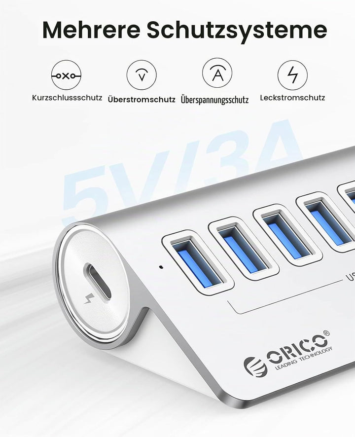 ORICO USB C Hub, 7-Port Aluminium USB Splitter, 5Gbps USB Hub mit 0.5m USB C Kabel und USB A Adapter