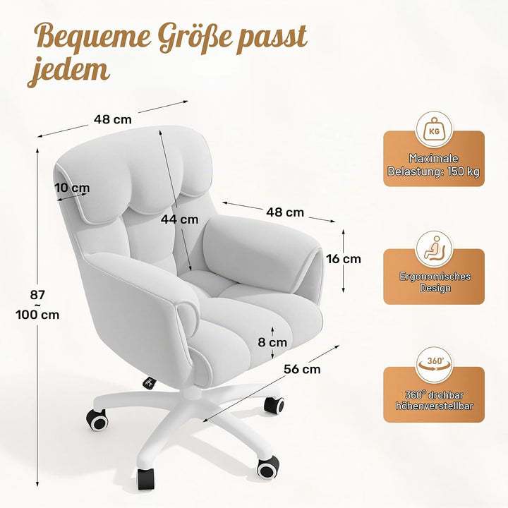 Ergonomischer Bürostuhl Samt 360°Drehen Schminktischstuhl Weiss | Höhenverstellbar,360°Drehfunktion,