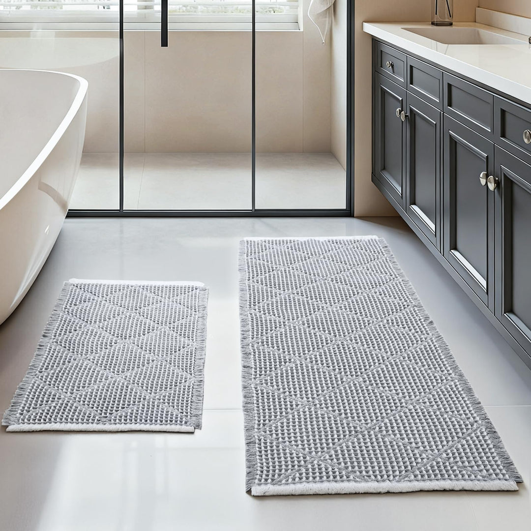 Grosses Badezimmerteppich Set 2 Teilig, Badteppich Rutschfest Waschbar, Badematte Grau, Boho Bathroo