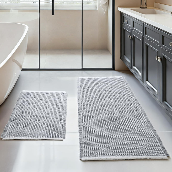 Grosses Badezimmerteppich Set 2 Teilig, Badteppich Rutschfest Waschbar, Badematte Grau, Boho Bathroo