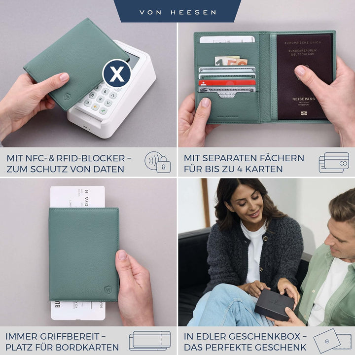 VON HEESEN® Reisepasshülle Leder Etui mit RFID-Schutz - Passhülle Passport Reisepass Mappe Hülle Org