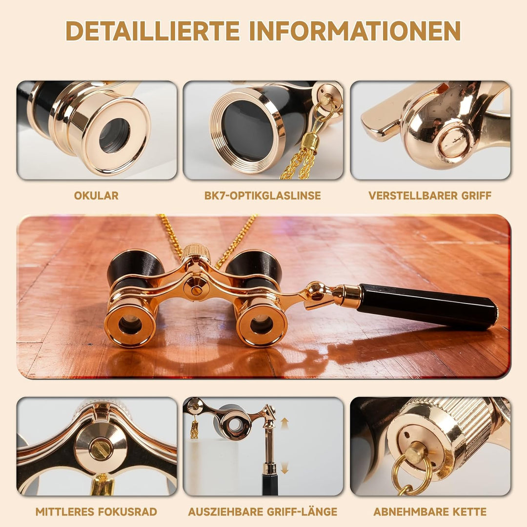 3X25 Opernglas Fernglas Kompakt mit verstellbarem Griff und Kette, tragbares Vintage-Theaterglas Min