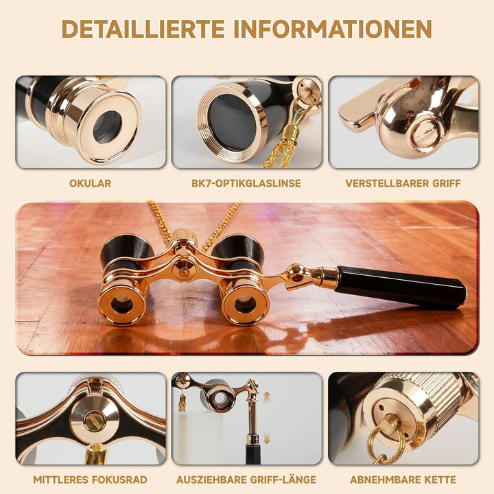 Faltbares Opernglas 3x25 Theaterglas für Damen und Mädchen, Tragbares Fernglas mit Metallkette &amp; Auf